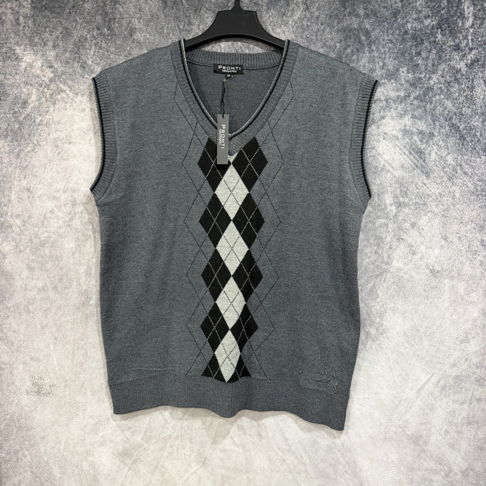 Pronti Men’s Medium Gray Argyle Sweater Vest V-Neck Black White Preppy